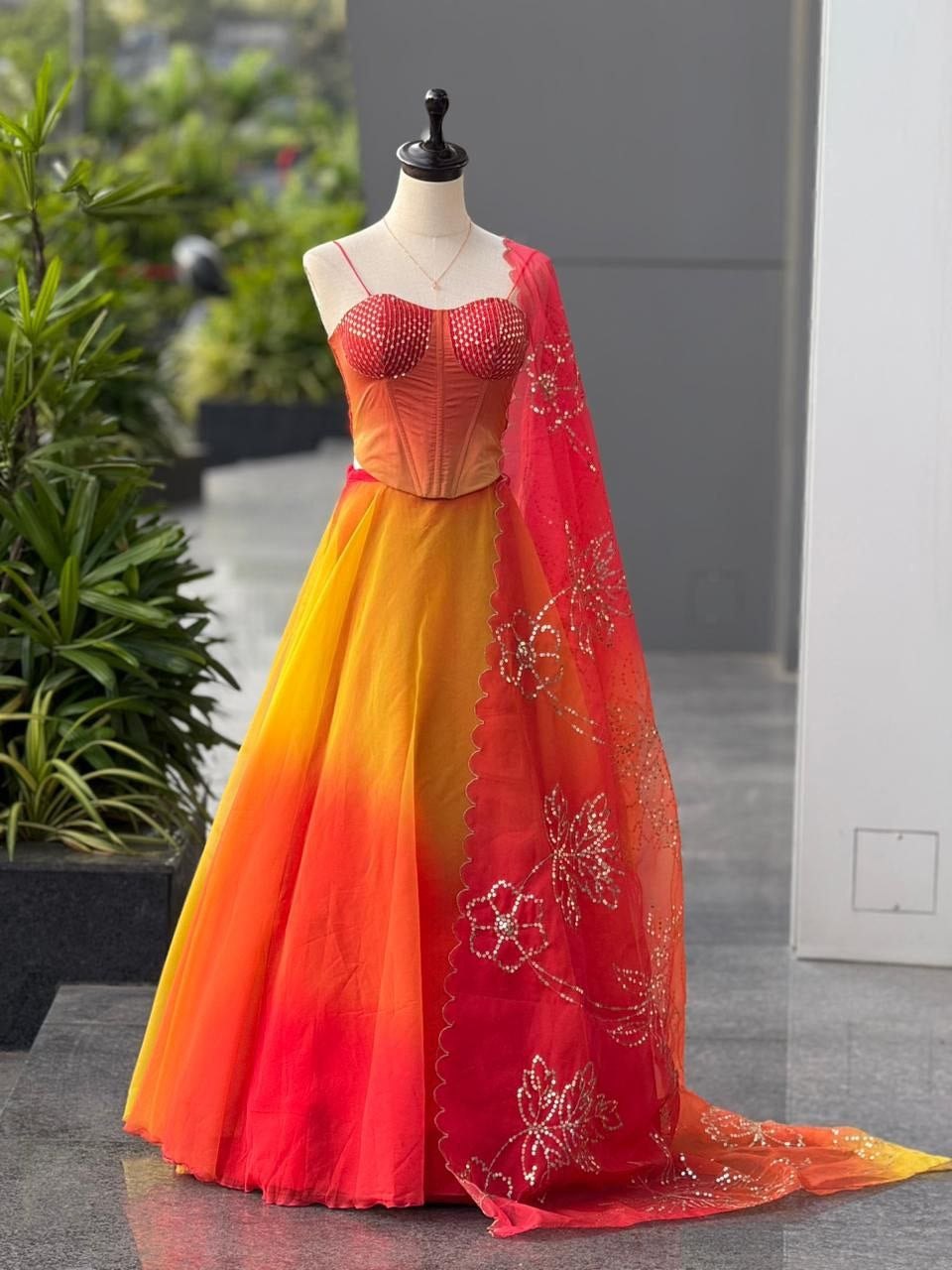 Orange Ombre Organza Corset Lehenga