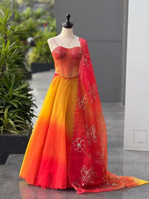 Orange Ombre Organza Corset Lehenga