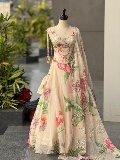 Ivory Floral Organza Corset Lehenga