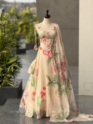 Ivory Floral Organza Corset Lehenga