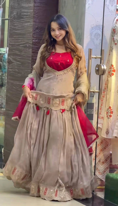 Chinon Silk Lehenga Set with Tassel Kurti Top