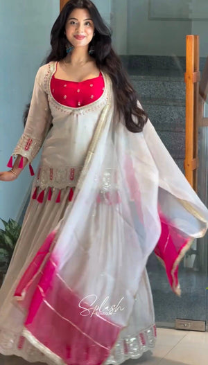 Chinon Silk Lehenga Set with Tassel Kurti Top