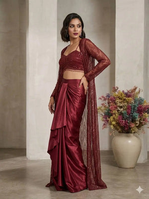 Wine Sequin Shrug Co-ord Set