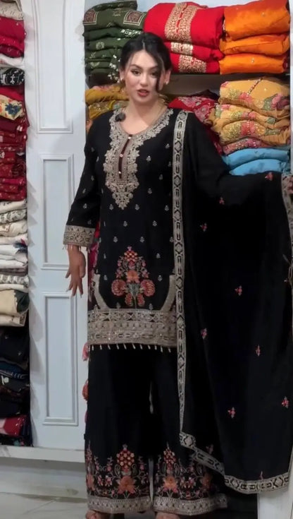 Onyx Floral Embroidered Palazzo Suit