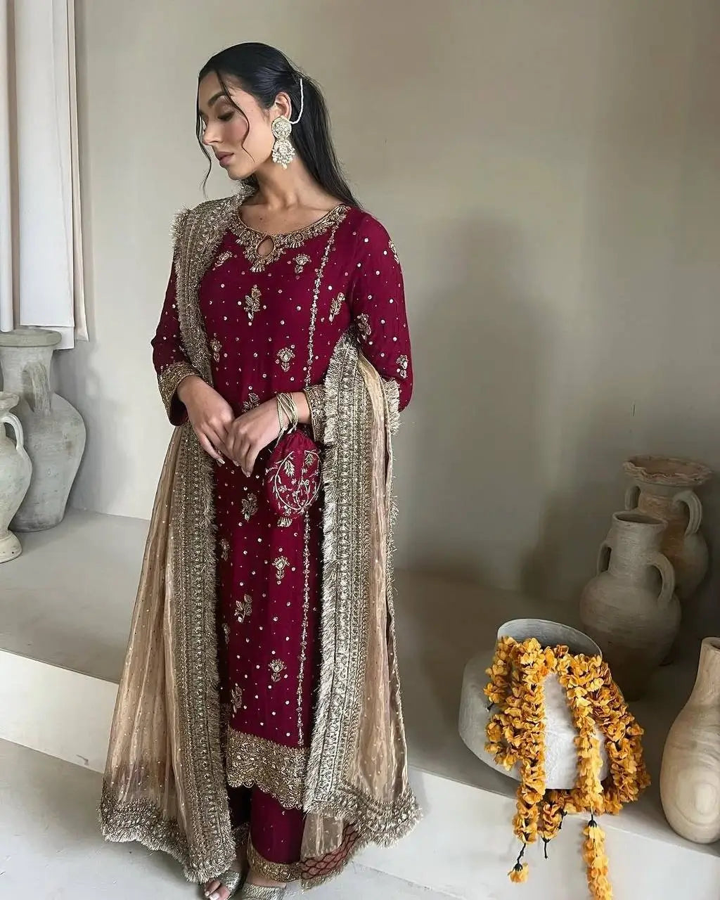 Embroidered Faux Georgette Pant Suit Set