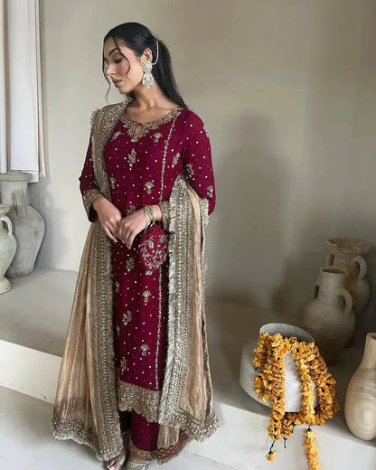 Embroidered Faux Georgette Pant Suit Set