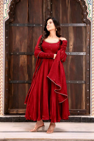 Maroon Handwork Flared Anarkali