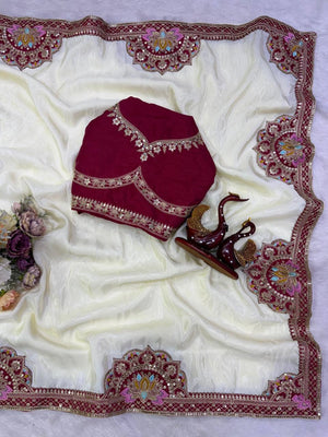 Ivory Maroon Mirror Work Saree