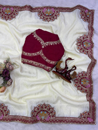 Ivory Maroon Mirror Work Saree