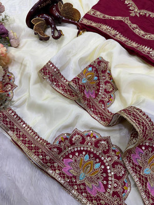 Ivory Maroon Mirror Work Saree