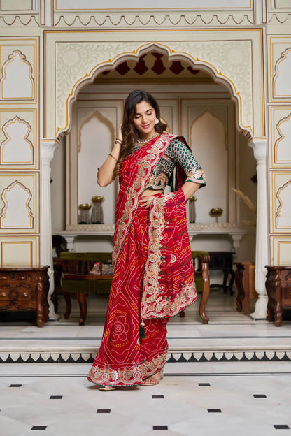 Embroidered Bandhej Saree