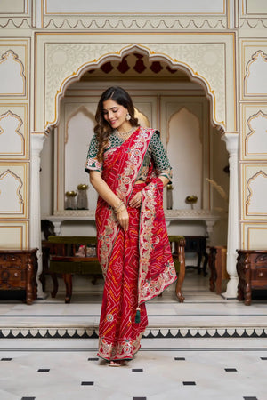 Embroidered Bandhej Saree