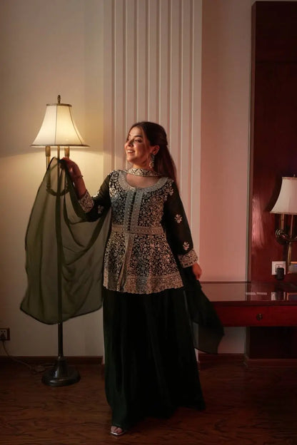 Midnight Blue Georgette Sequins Embroidered Kurti Palazzo Set for Wedding & Festive Wear