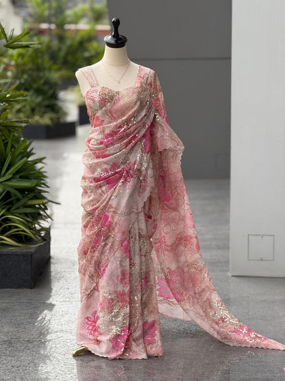 Blush Floral Organza Saree with Sequins