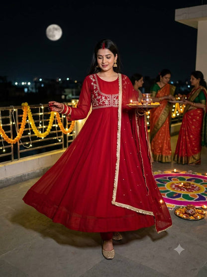 Crimson Sequin Yoke Gown Set