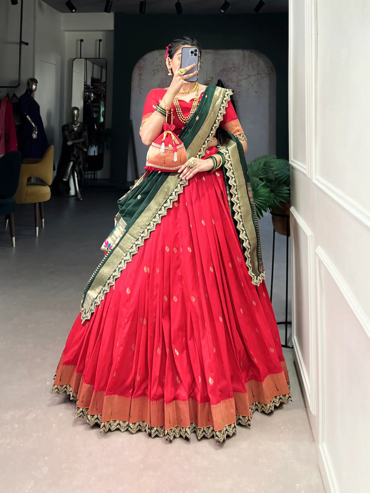 Jacquard Silk Paithani Zari Weaving Lehenga Set with Dupatta & Batwa