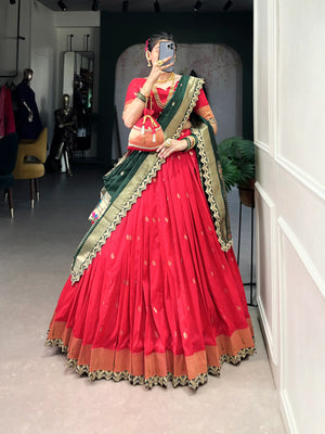 Jacquard Silk Paithani Zari Weaving Lehenga Set with Dupatta & Batwa