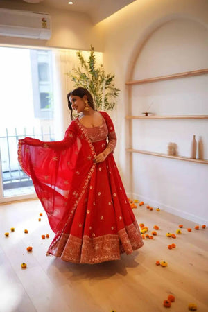 Red Sequin Thread Anarkali Set