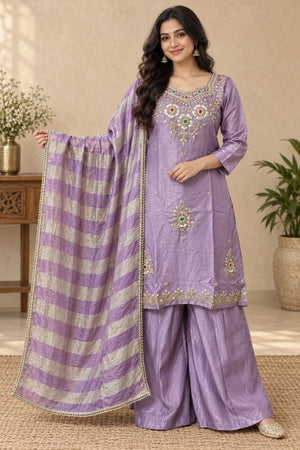Jewel Neck Ready To Wear Glass Silk Sharara Set
