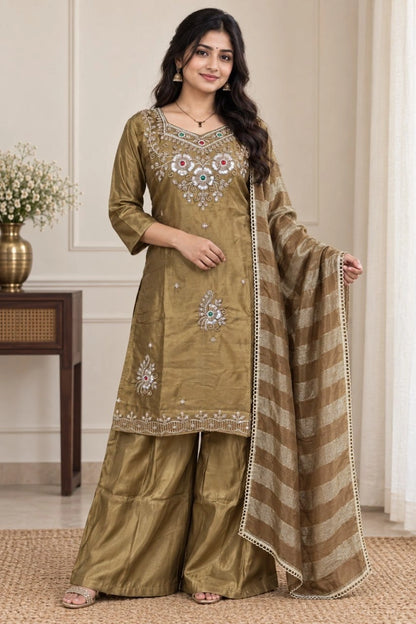 Jewel Neck Ready To Wear Glass Silk Sharara Set