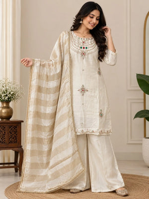 Jewel Neck Glass Silk Sharara Set