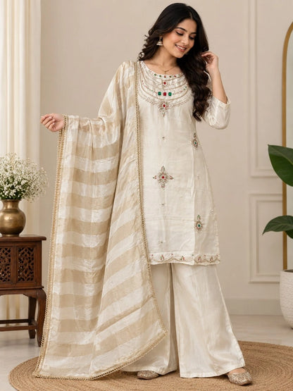 Jewel Neck Glass Silk Sharara Set