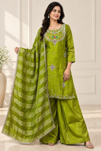 Jewel Neck Glass Silk Sharara Set