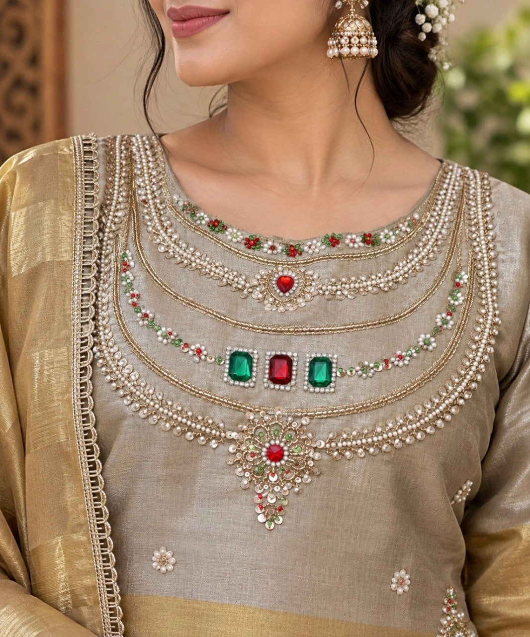 Gold Jewel Neck Sharara Set