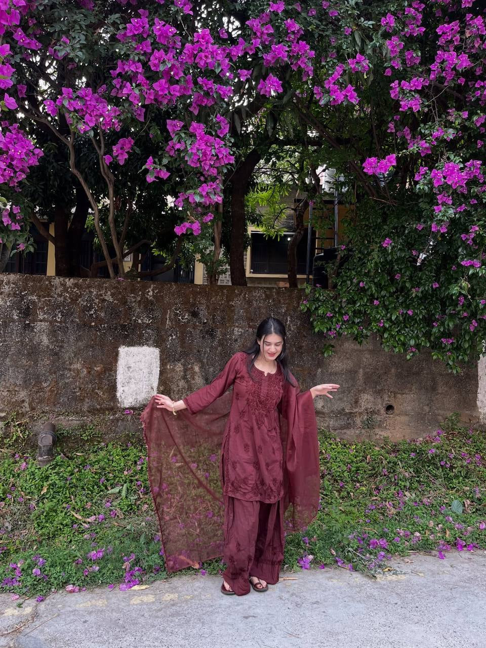 Wine Embroidered Rayon Kurta Set