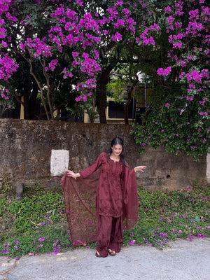 Wine Embroidered Rayon Kurta Set
