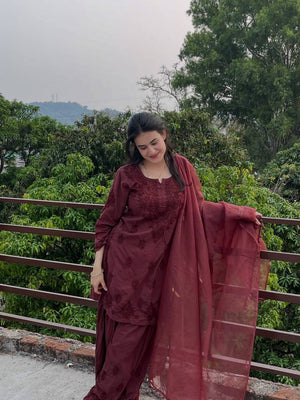 Wine Embroidered Rayon Kurta Set