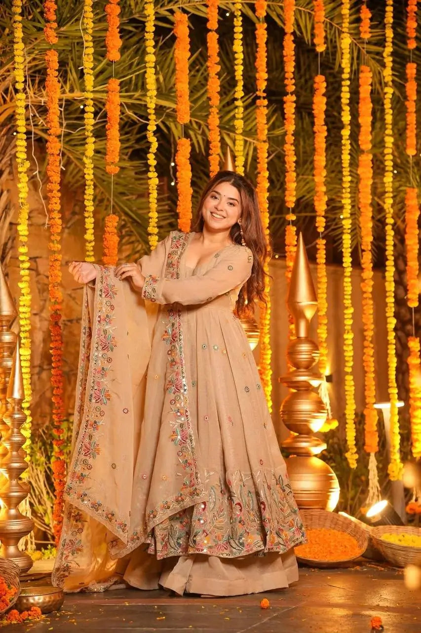 Crunchy Silk Embroidered Gown Sharara Set with Dupatta for Elegant look