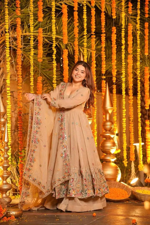 Crunchy Silk Embroidered Gown Sharara Set with Dupatta for Elegant look