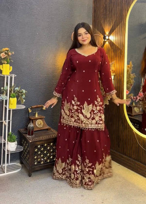 Maroon Peacock Zari Sharara Set
