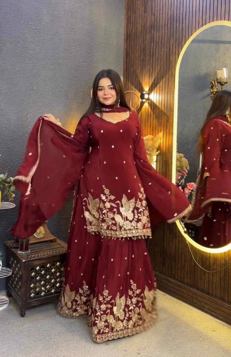 Maroon Peacock Zari Sharara Set