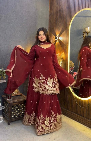 Maroon Peacock Zari Sharara Set