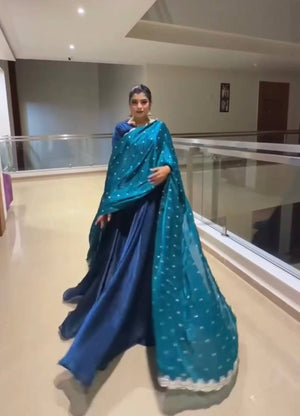 Teal Tassel Sleeve Shimmer Gown