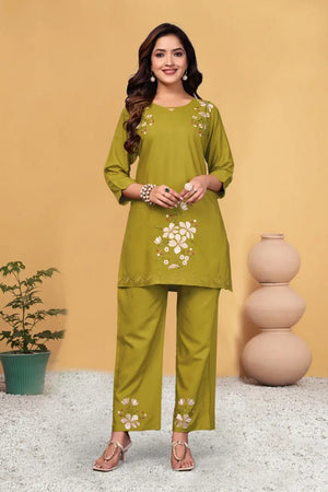 Embroidered Viscose Rayon Kurti Pant Set