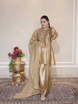 Golden Fendy Silk Embroidered Salwar Suit Set