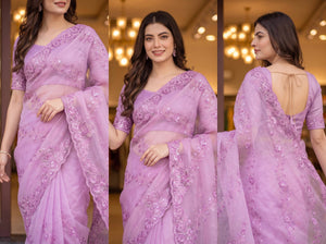 Lilac Sequin Organza Saree
