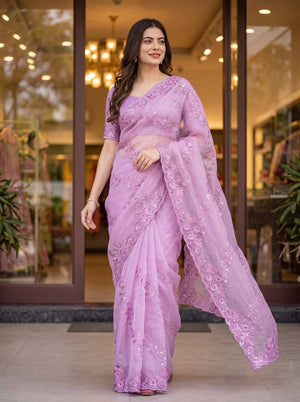 Lilac Sequin Organza Saree
