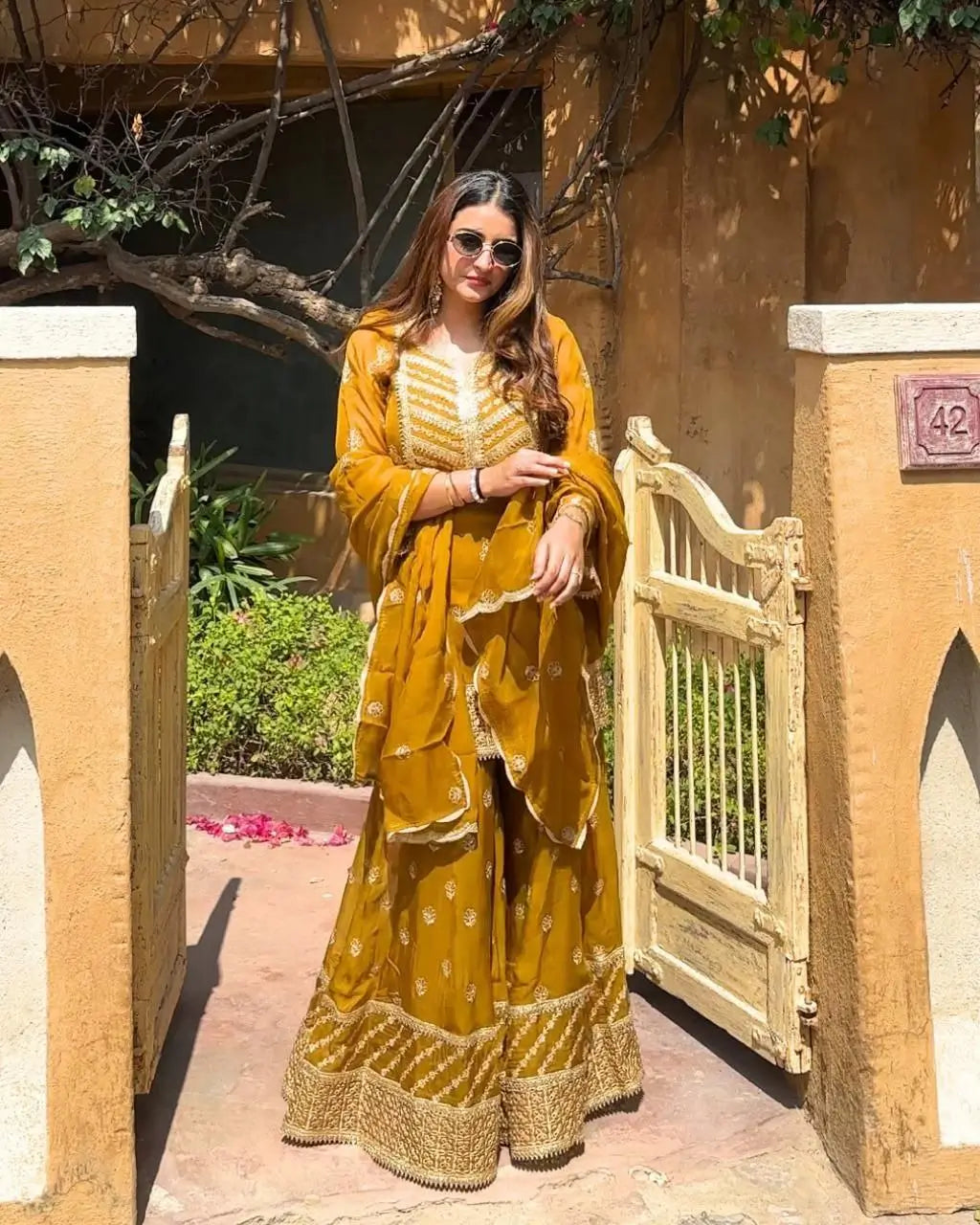 Faux Georgette Thread and Sequin Embroidered Sharara Suit