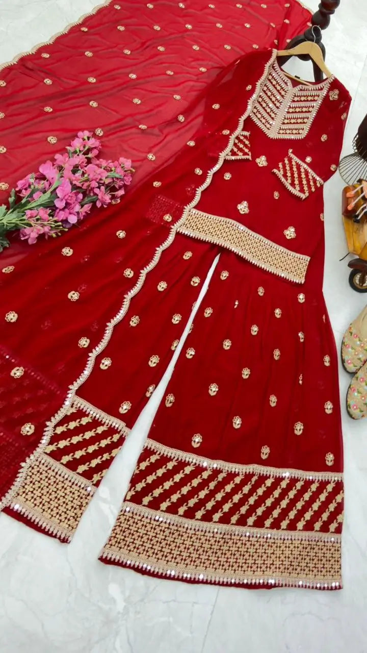 Faux Georgette Thread and Sequin Embroidered Sharara Suit