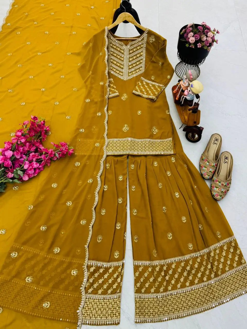 Faux Georgette Thread and Sequin Embroidered Sharara Suit