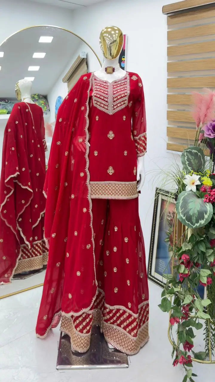 Faux Georgette Thread and Sequin Embroidered Sharara Suit