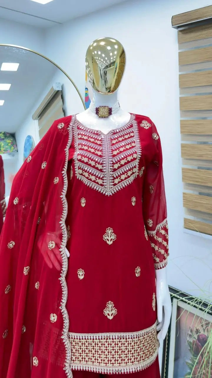 Faux Georgette Thread and Sequin Embroidered Sharara Suit