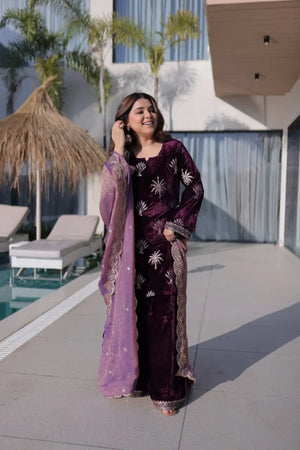 Ice Velvet Zari Embroidered Kurta Palazzo Set With Dupatta