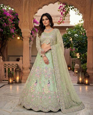 Teal Peacock Embroidered Butterfly Net Lehenga Set for Weddings and Grand Festive Occasions