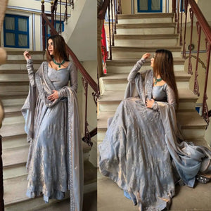 Silver Grace Embroidered Fandy Silk Anarkali Set for Festive and Wedding Wear