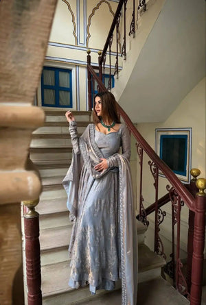 Silver Grace Embroidered Fandy Silk Anarkali Set for Festive and Wedding Wear